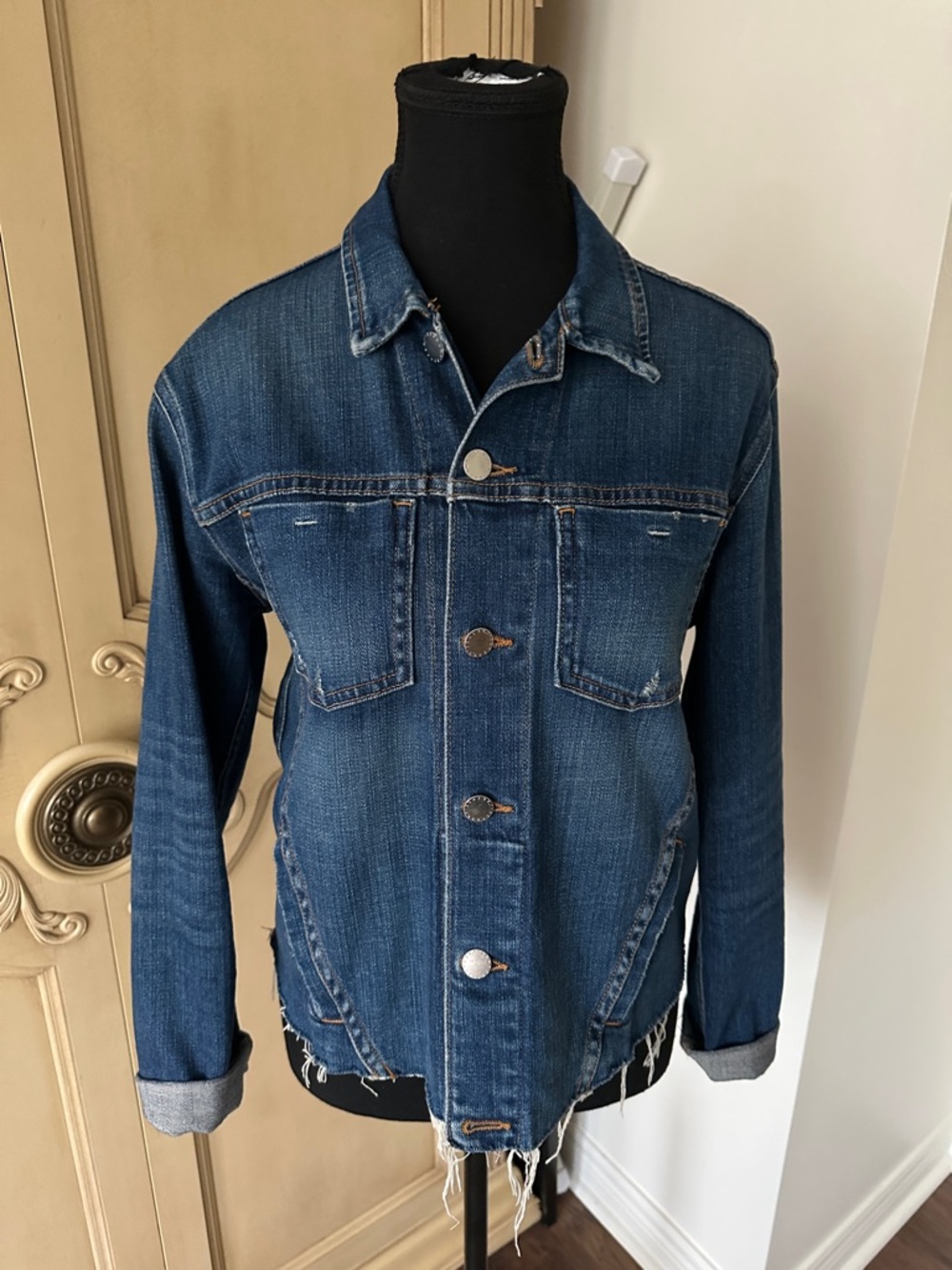 L'AGENCE Distressed Blue Denim Shirt Jacket
